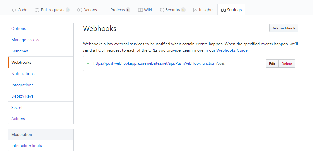 'Webhooks' tab under Settings